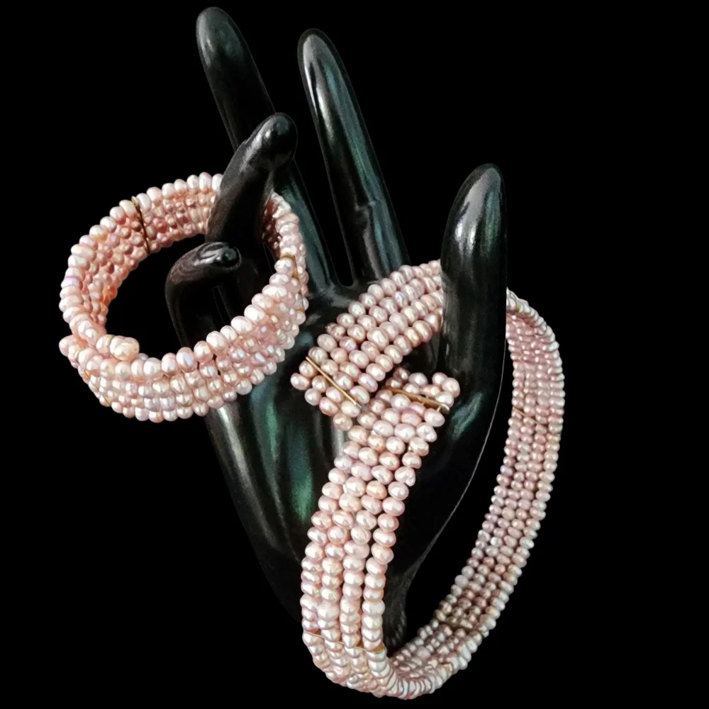 Pink pearl cuff bracelet petite pearls 4 tiers dainty blush pearls A0019